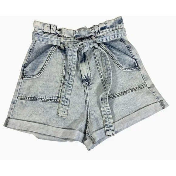BLANK NYC High-Waist Light Blue Acid Wash Denim Paperbag Shorts Tie Belt Size 28 - Picture 2 of 14